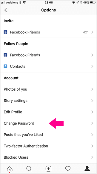 reimpostare la password di instagram